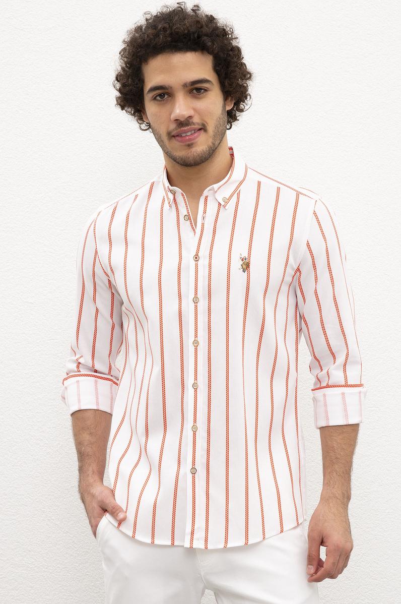 Erkek Kırmızı Dikey Çizgili Gömlek Uzunkol