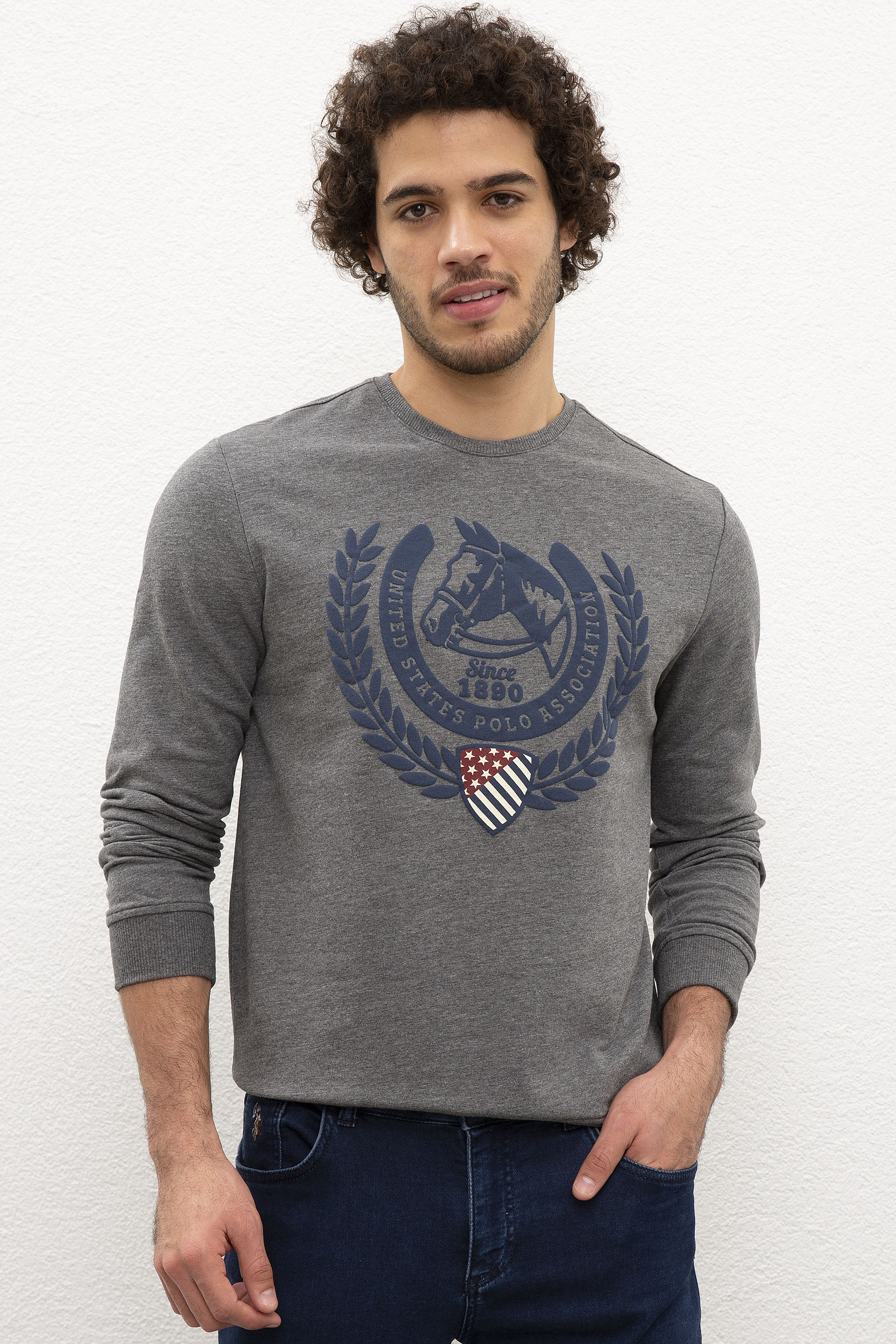 Erkek Antrasit Melanj Bisiklet Yaka Sweatshirt - Image 1