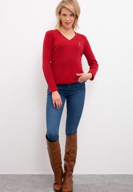 Kadın Kırmızı Triko Kazak Basic - 50206451018