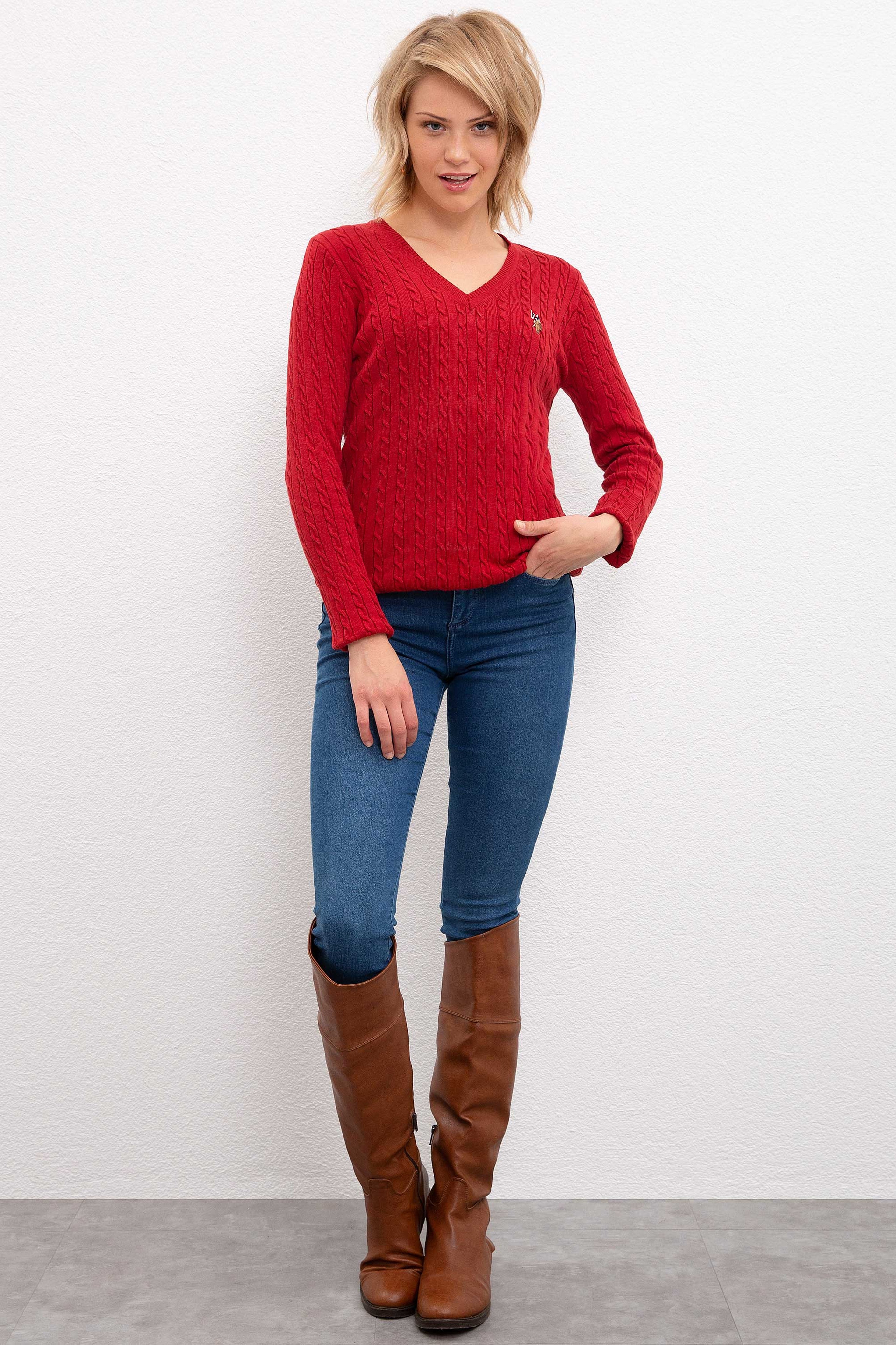 Kadın Kırmızı Triko Kazak Basic - Image 4
