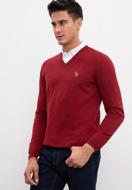 Erkek Bordo V Yaka Basic Triko Kazak - 50207651035