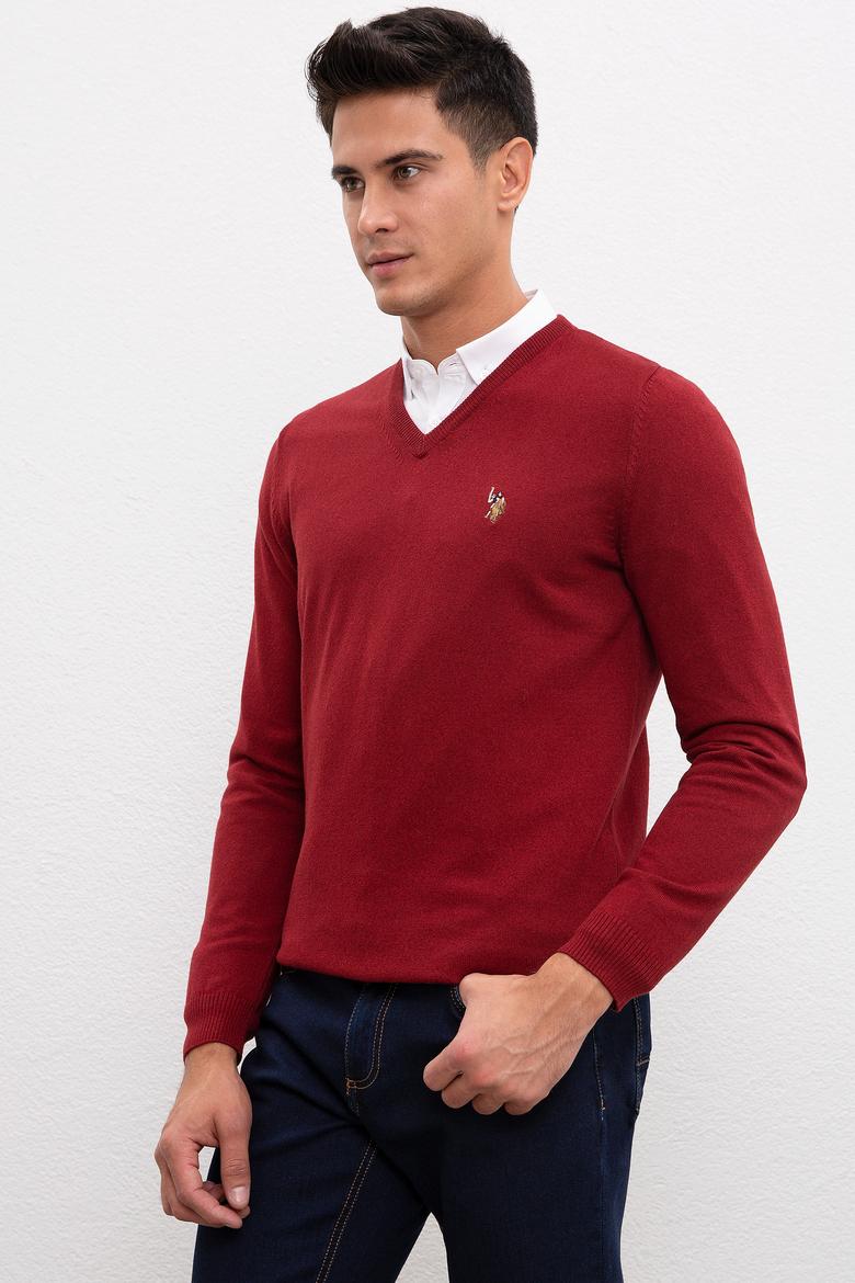 Erkek Bordo V Yaka Basic Triko Kazak - 50207651035