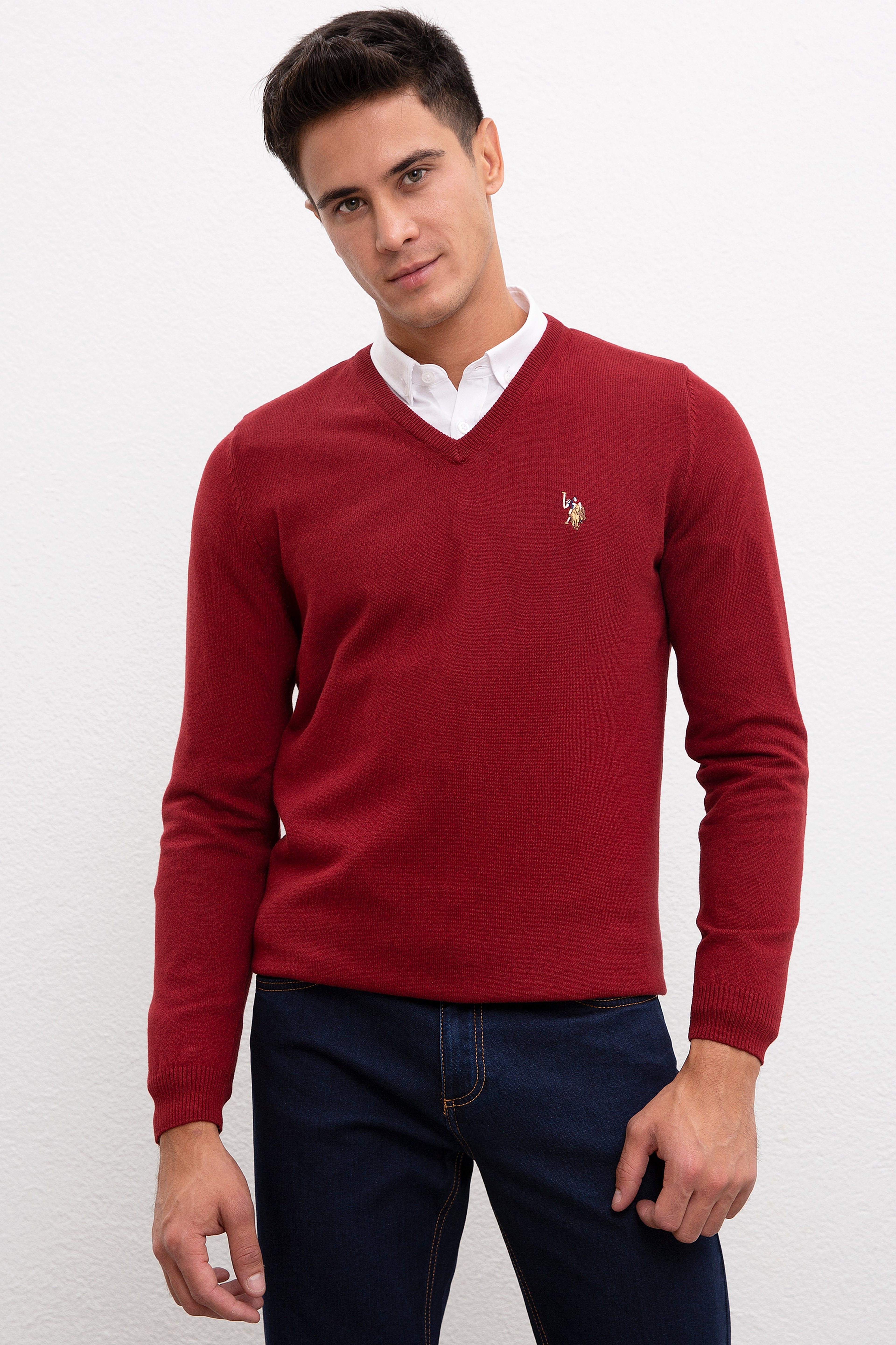Erkek Bordo V Yaka Basic Triko Kazak - Image 2