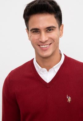 Erkek Bordo V Yaka Basic Triko Kazak - 50207651035