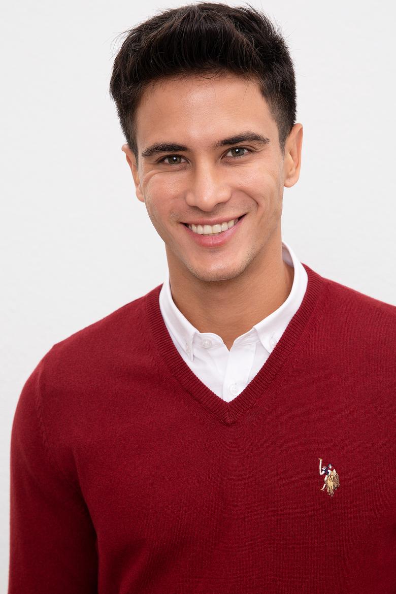 Erkek Bordo V Yaka Basic Triko Kazak - 50207651035