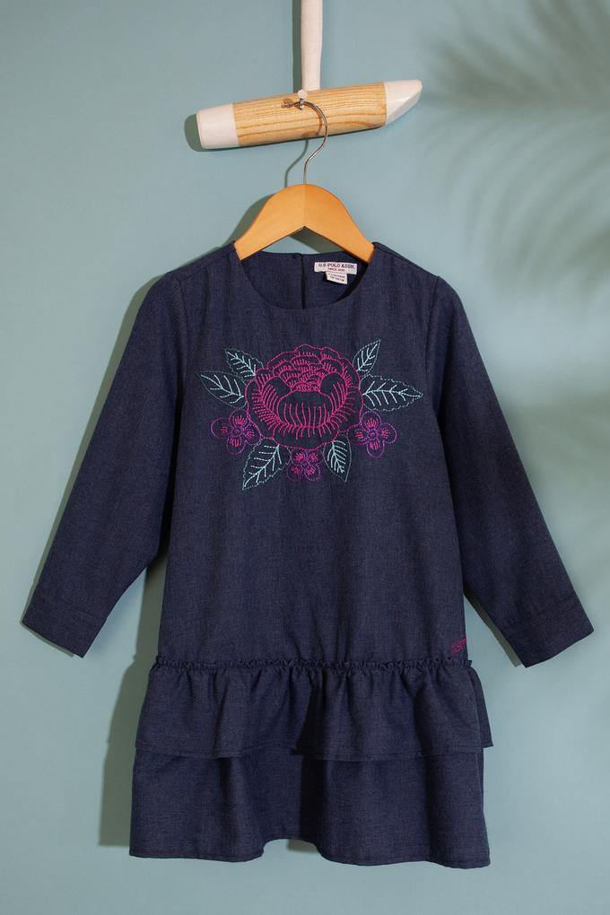 Kız Çocuk Lacivert Dokuma Elbise