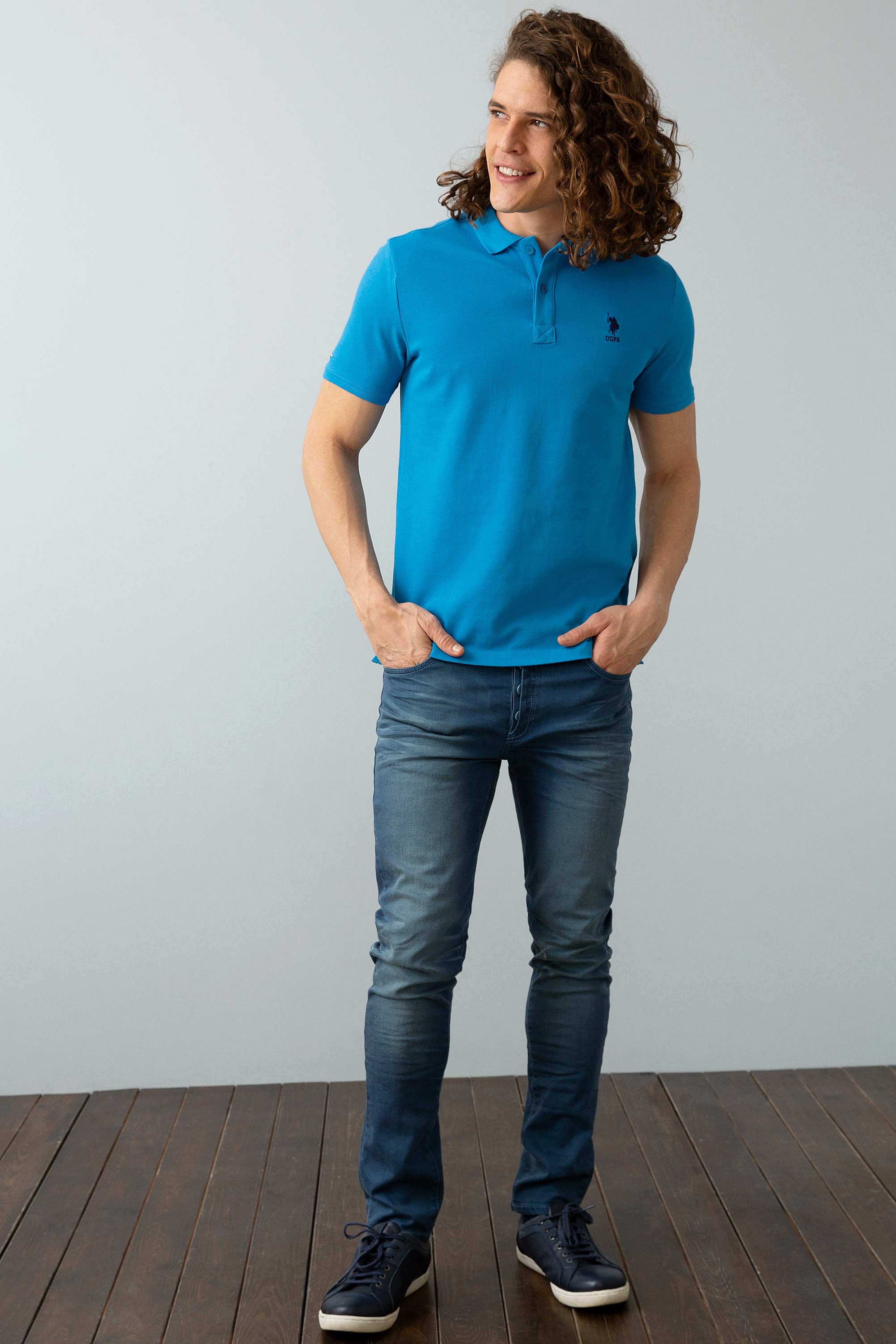 Erkek İndigo Polo Yaka T-Shirt Basic - Image 3