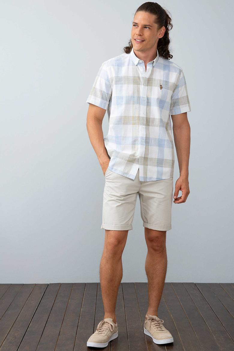 Erkek Haki Mavi Kareli Gömlek Kısakol