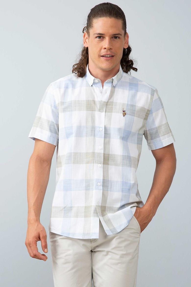 Erkek Haki Mavi Kareli Gömlek Kısakol - 50204254009