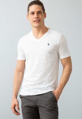 Erkek Beyaz V-Yaka T-Shirt Basic - 50199780002