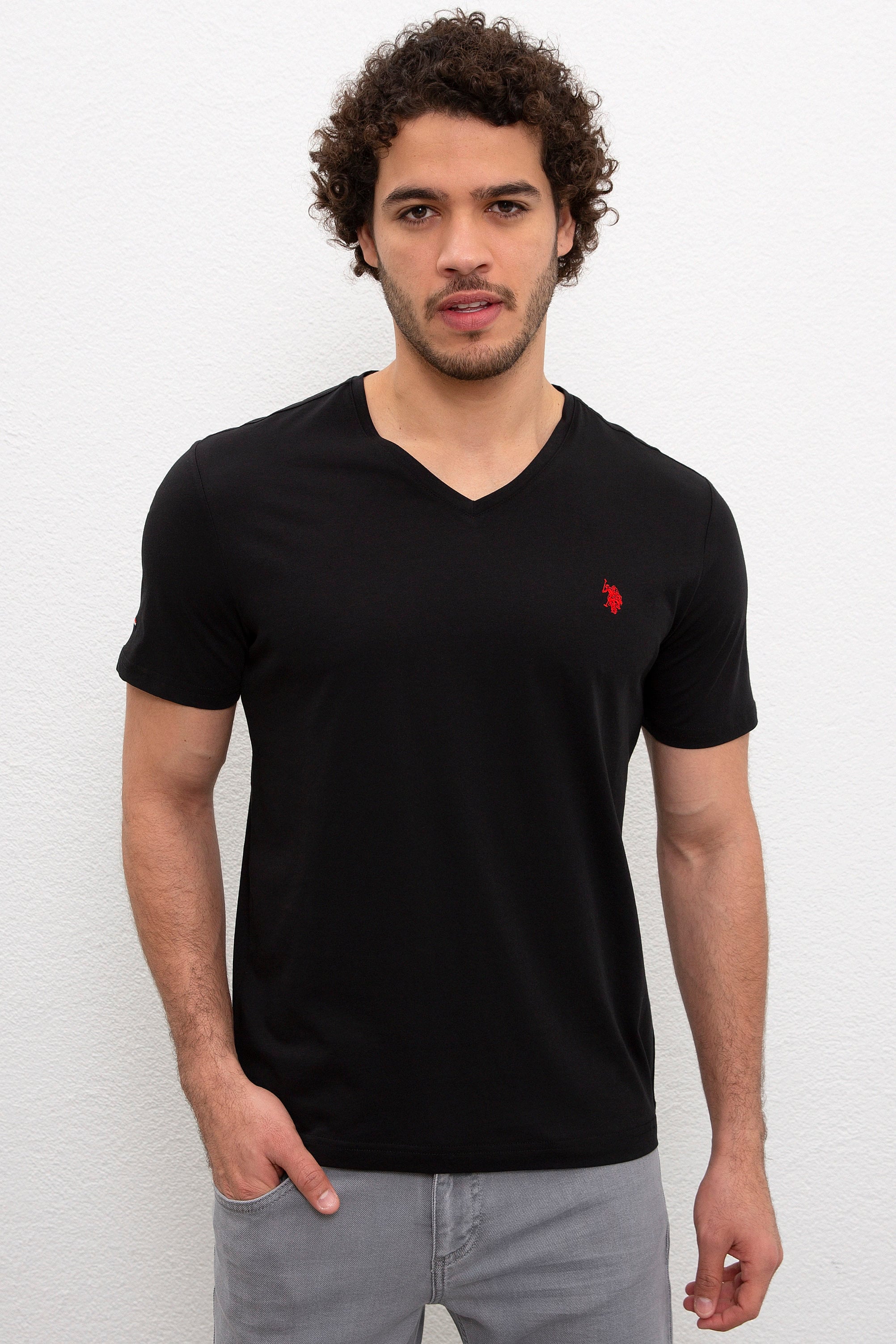 Erkek Siyah V-Yaka T-Shirt Basic