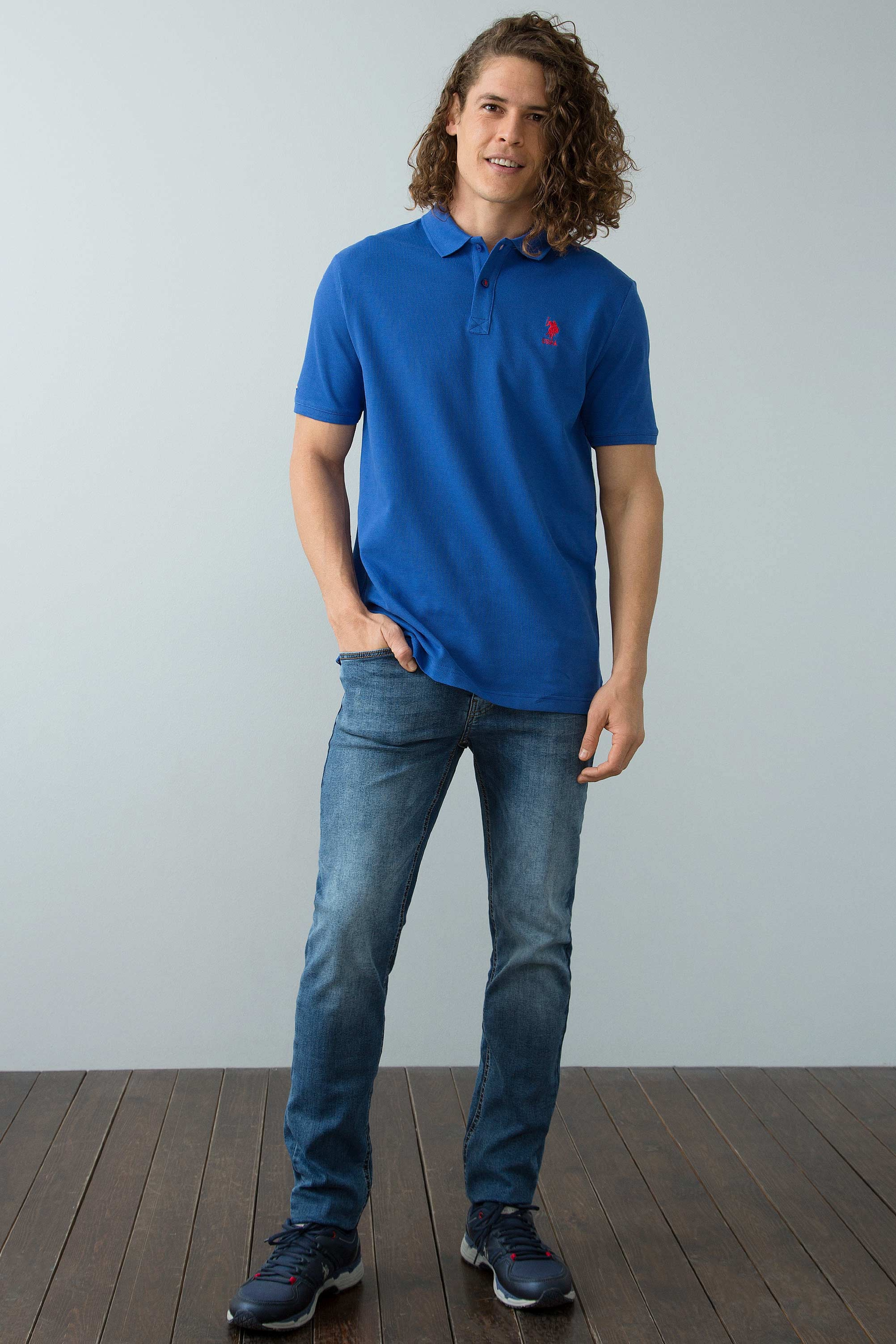 Erkek Saks Polo Yaka T-Shirt Basic - Image 1