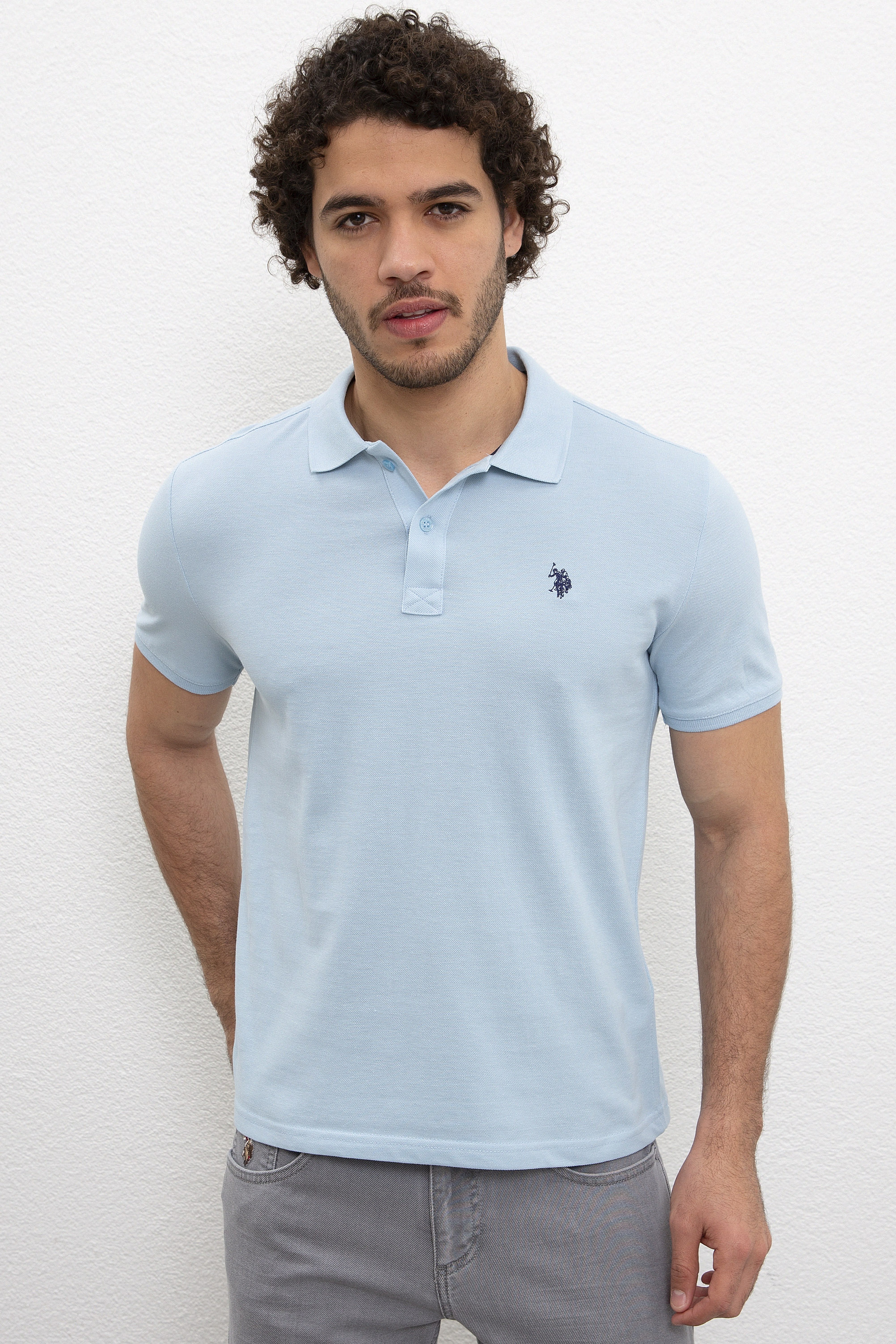 Erkek Açık İndigo Basic Polo Yaka Tişört - Image 1