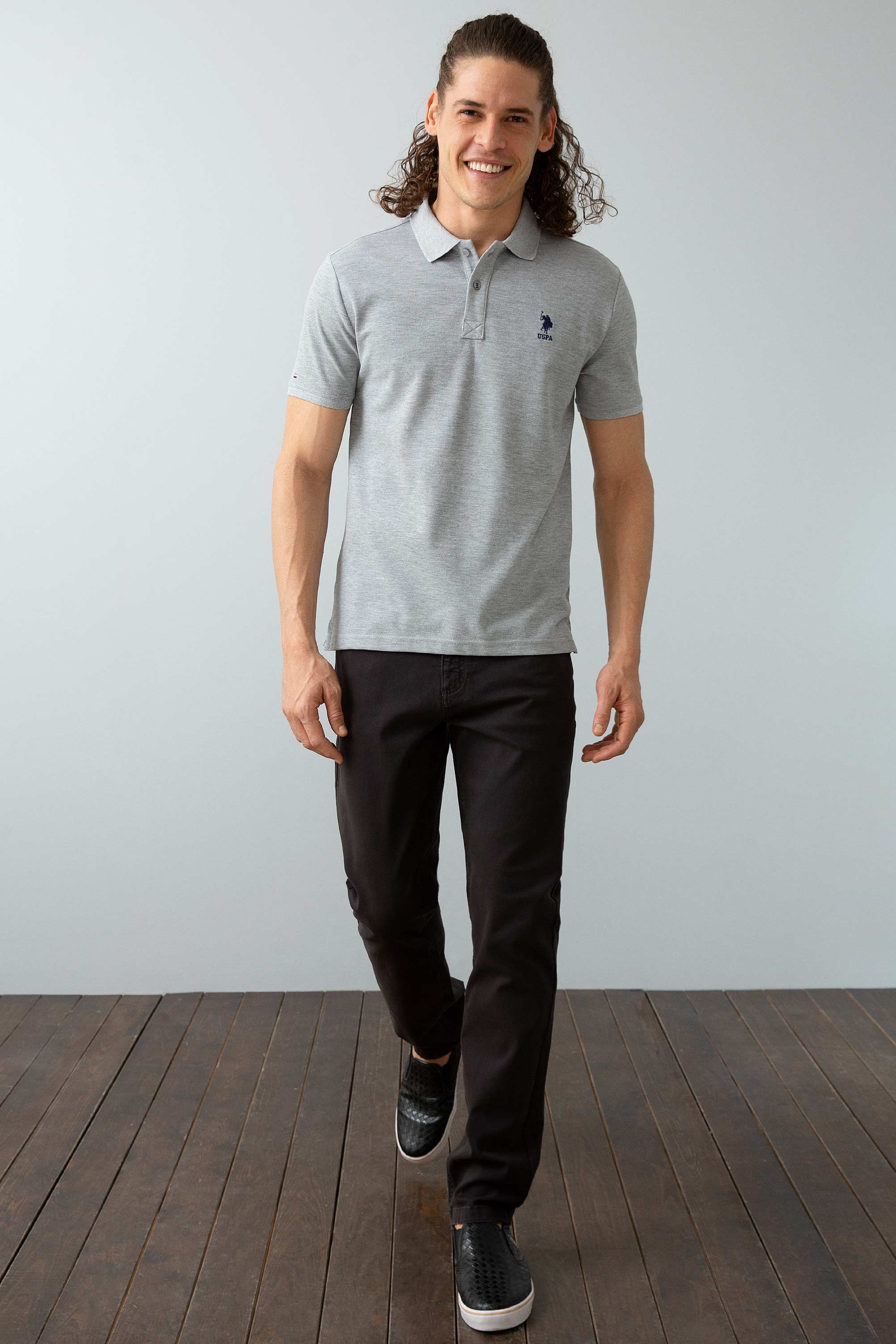 Erkek Gri Melanj Polo Yaka T-Shirt Basic - Image 2