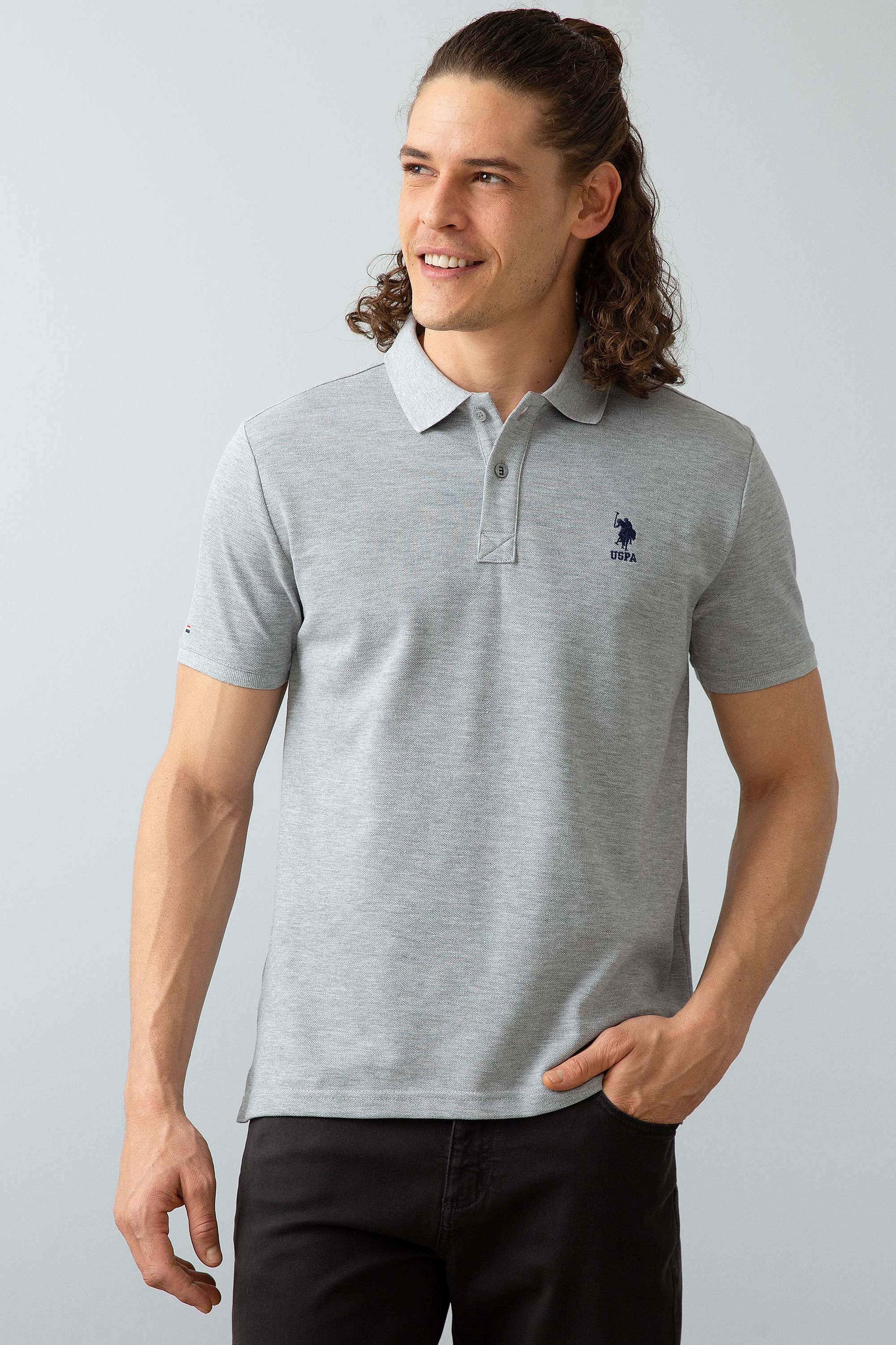Erkek Gri Melanj Polo Yaka T-Shirt Basic - Image 1