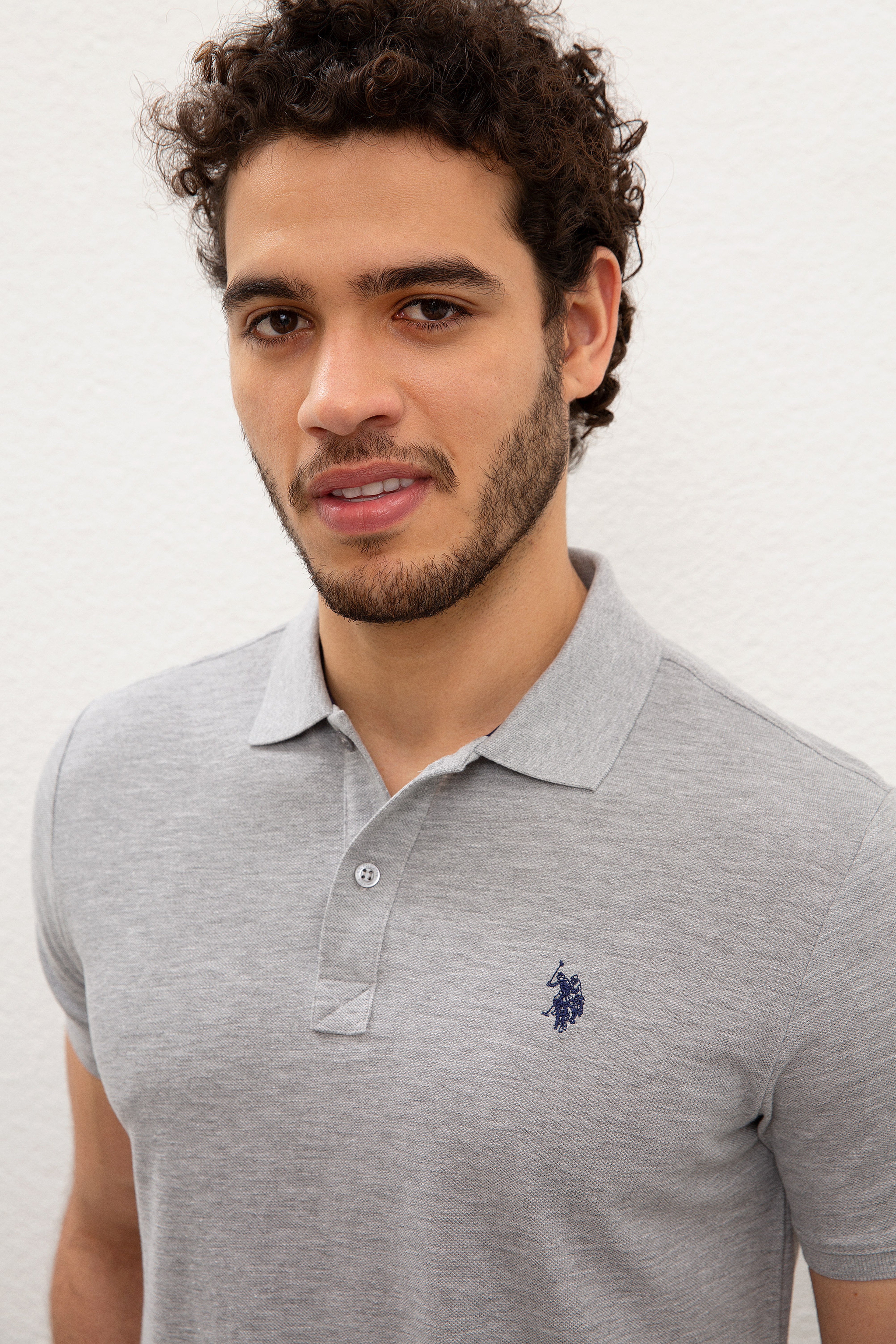 Erkek Gri Melanj Polo Yaka Basic T-Shirt - Image 2