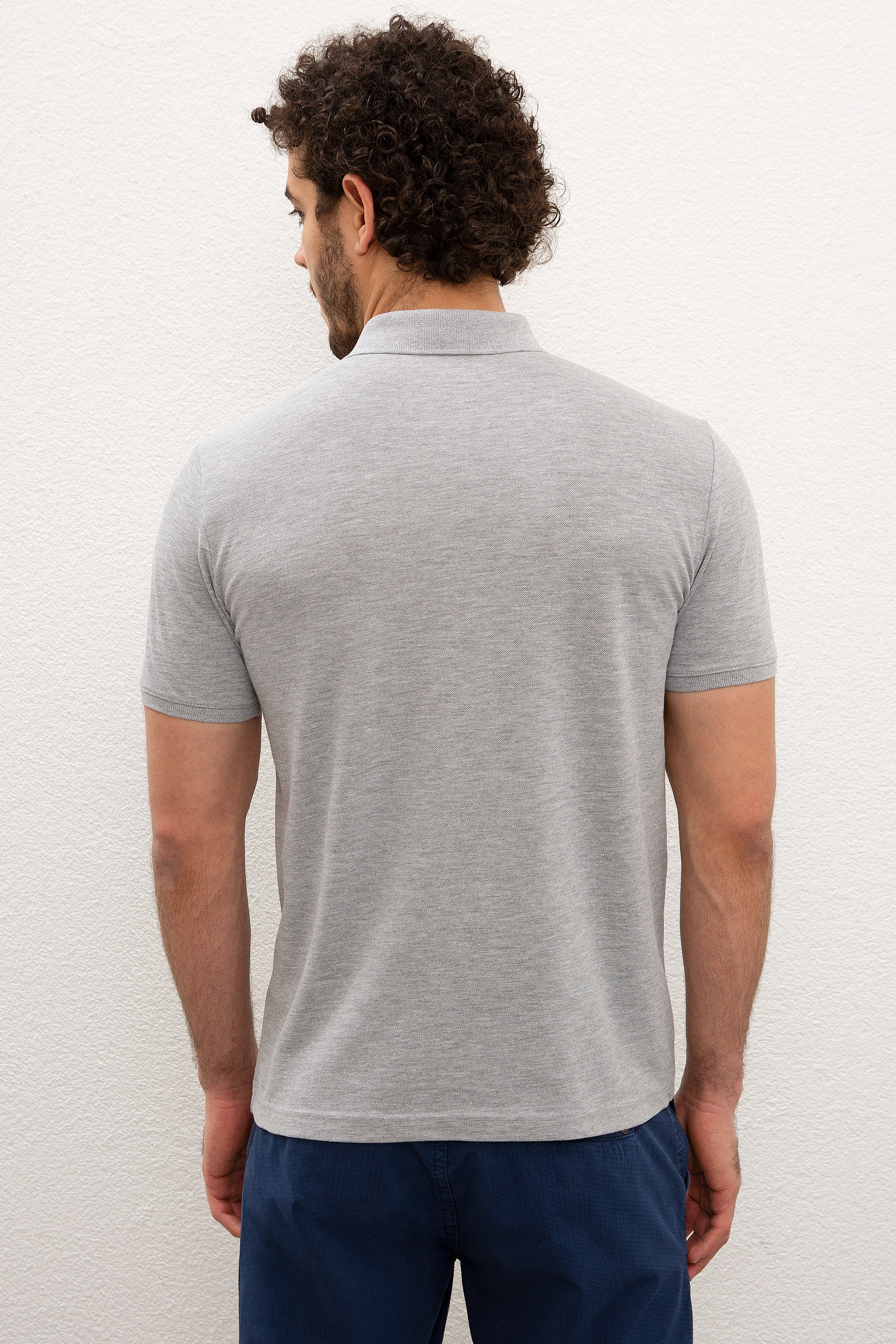 Erkek Gri Melanj Polo Yaka Basic T-Shirt