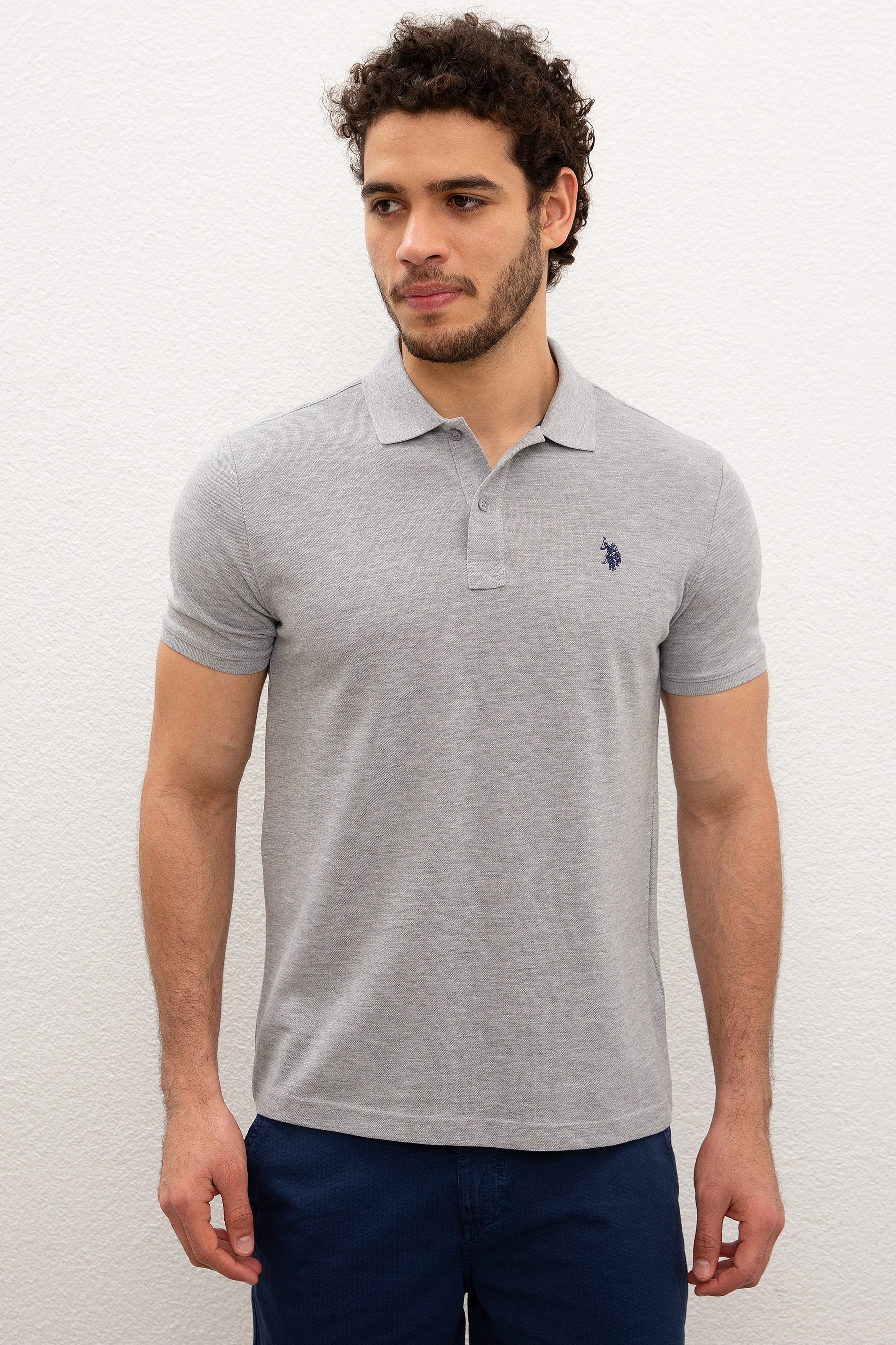 Erkek Gri Melanj Polo Yaka Basic T-Shirt - Image 1