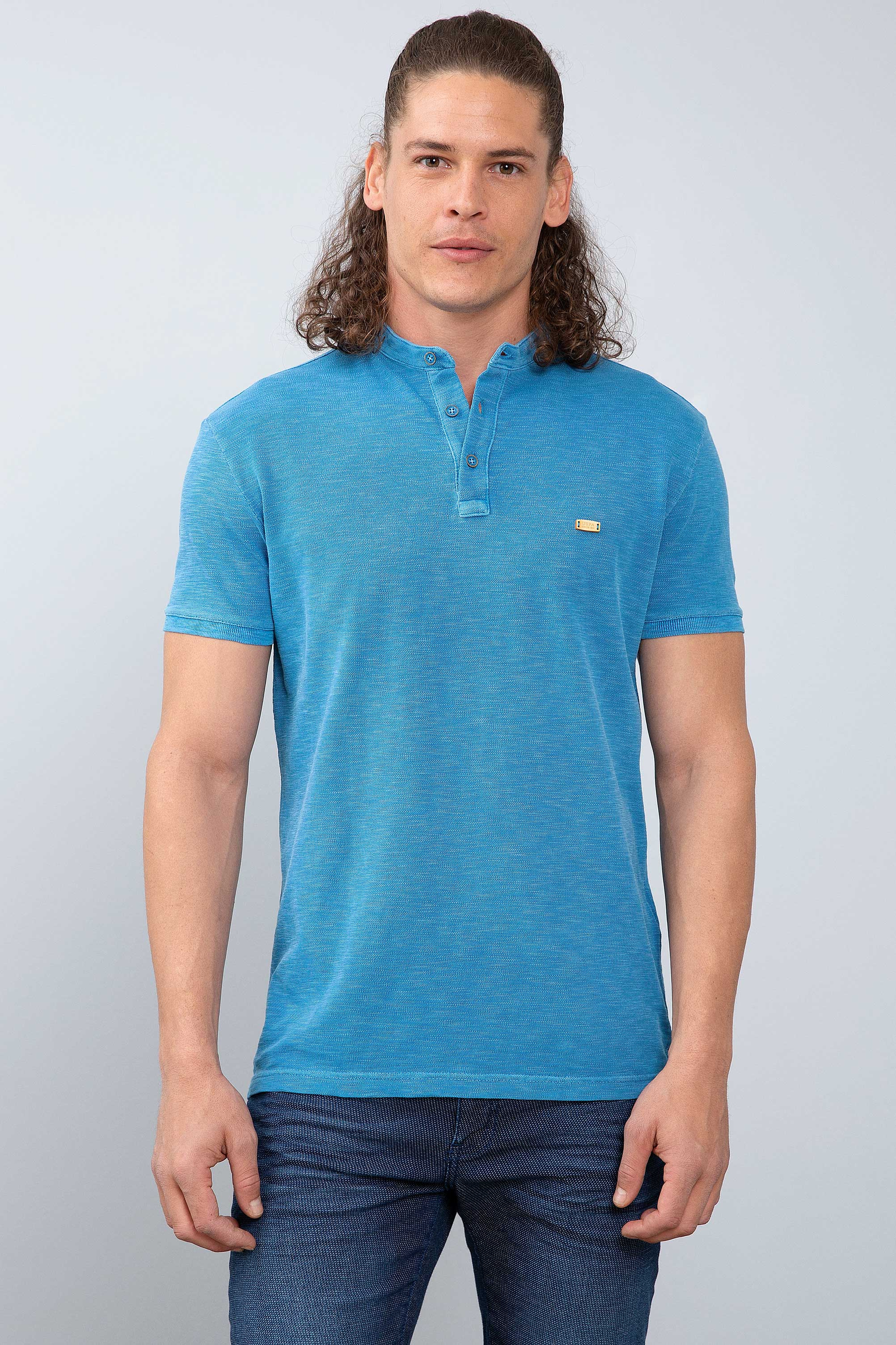 Erkek İndigo Hakim Yaka T-Shirt - Image 1