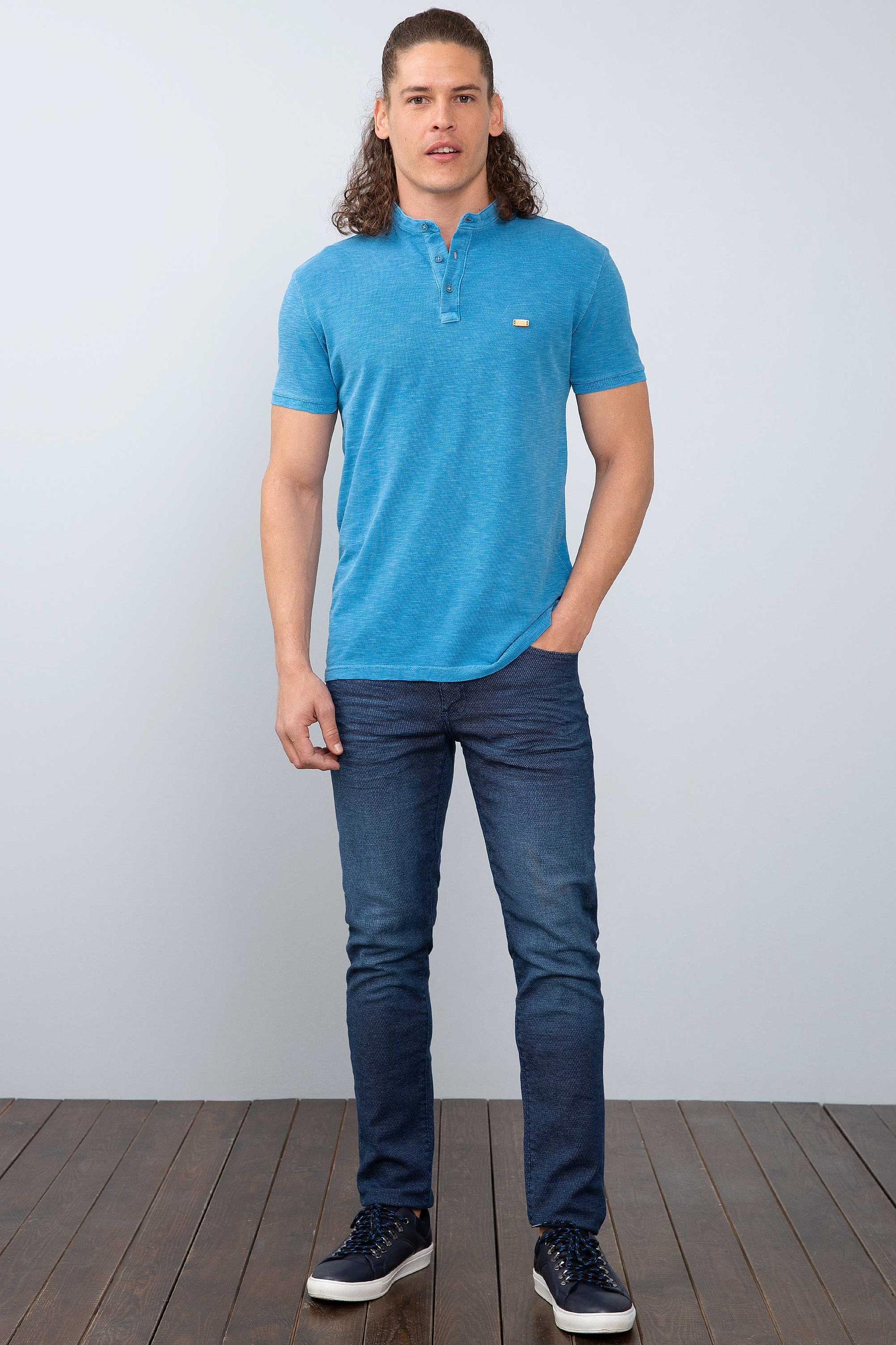 Erkek İndigo Hakim Yaka T-Shirt