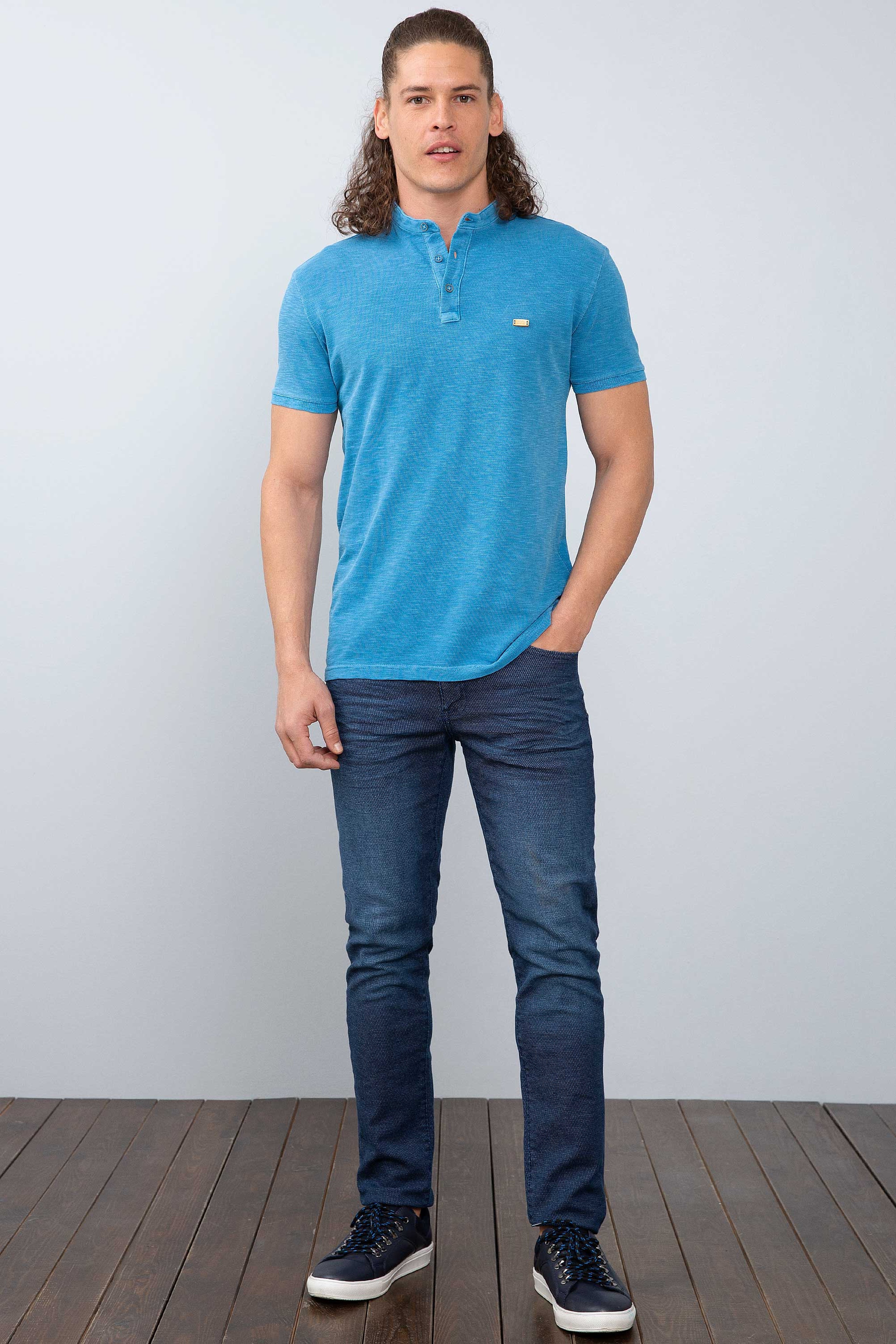 Erkek İndigo Hakim Yaka T-Shirt - Image 5