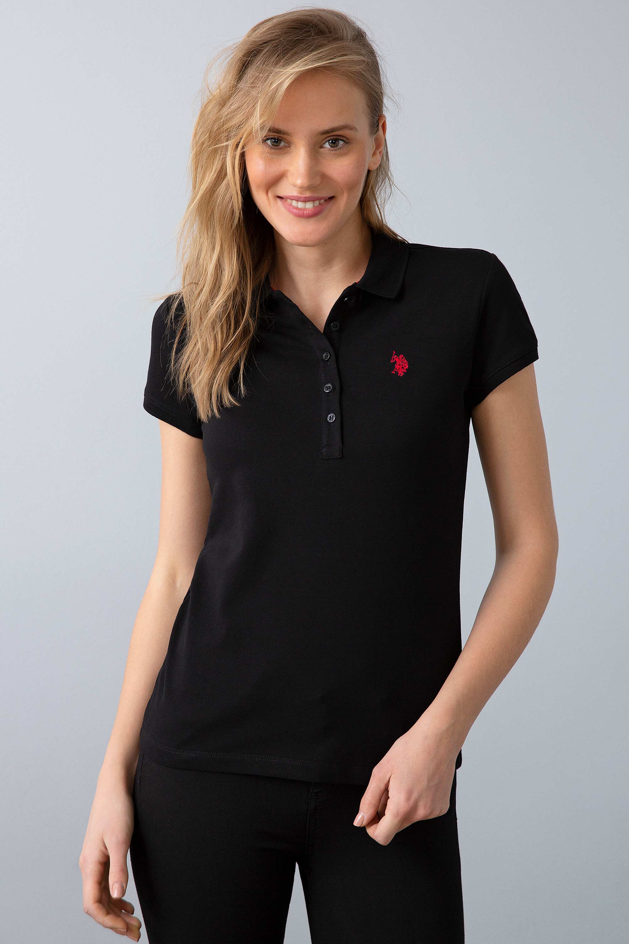 Kadın Siyah Polo Yaka T-Shirt Basic - Image 2