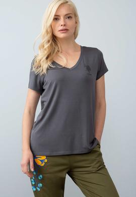 Kadın Gri V - Yaka T-Shirt Basic - 50201148023