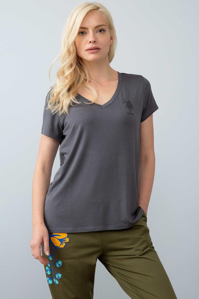Kadın Gri V - Yaka T-Shirt Basic