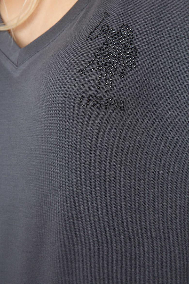 Kadın Gri V - Yaka T-Shirt Basic - 50201148023