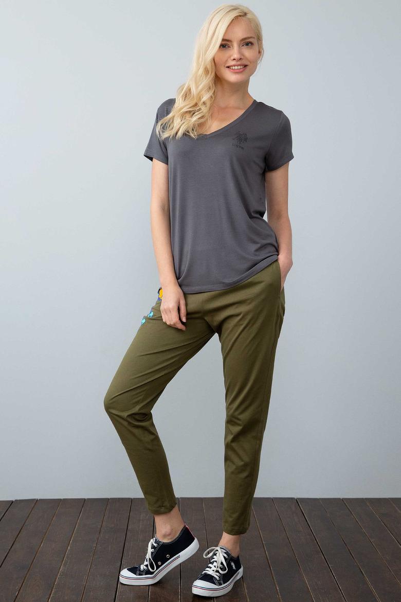 Kadın Gri V - Yaka T-Shirt Basic - 50201148023