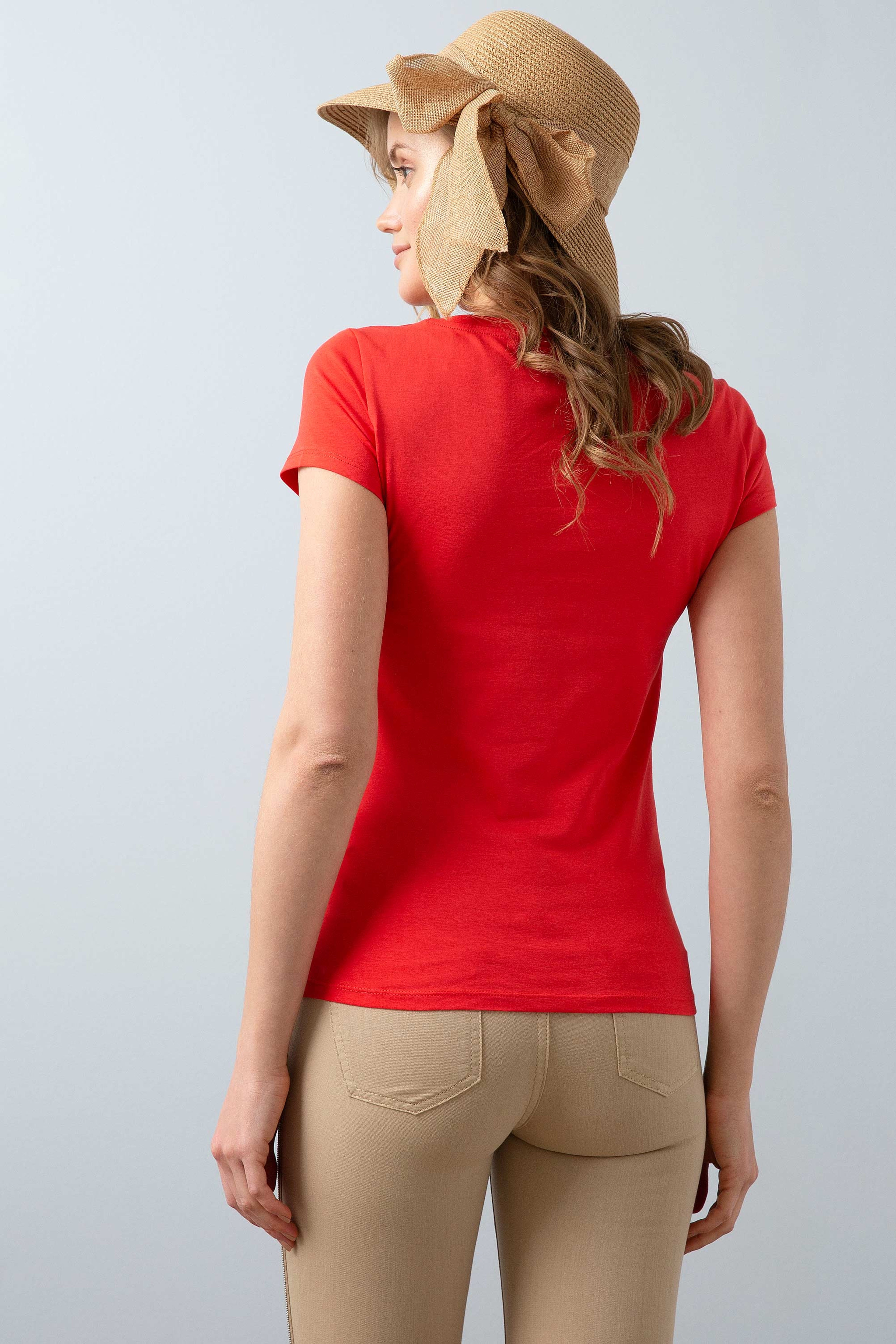 Kadın Kırmızı V - Yaka T-Shirt Basic - Image 4