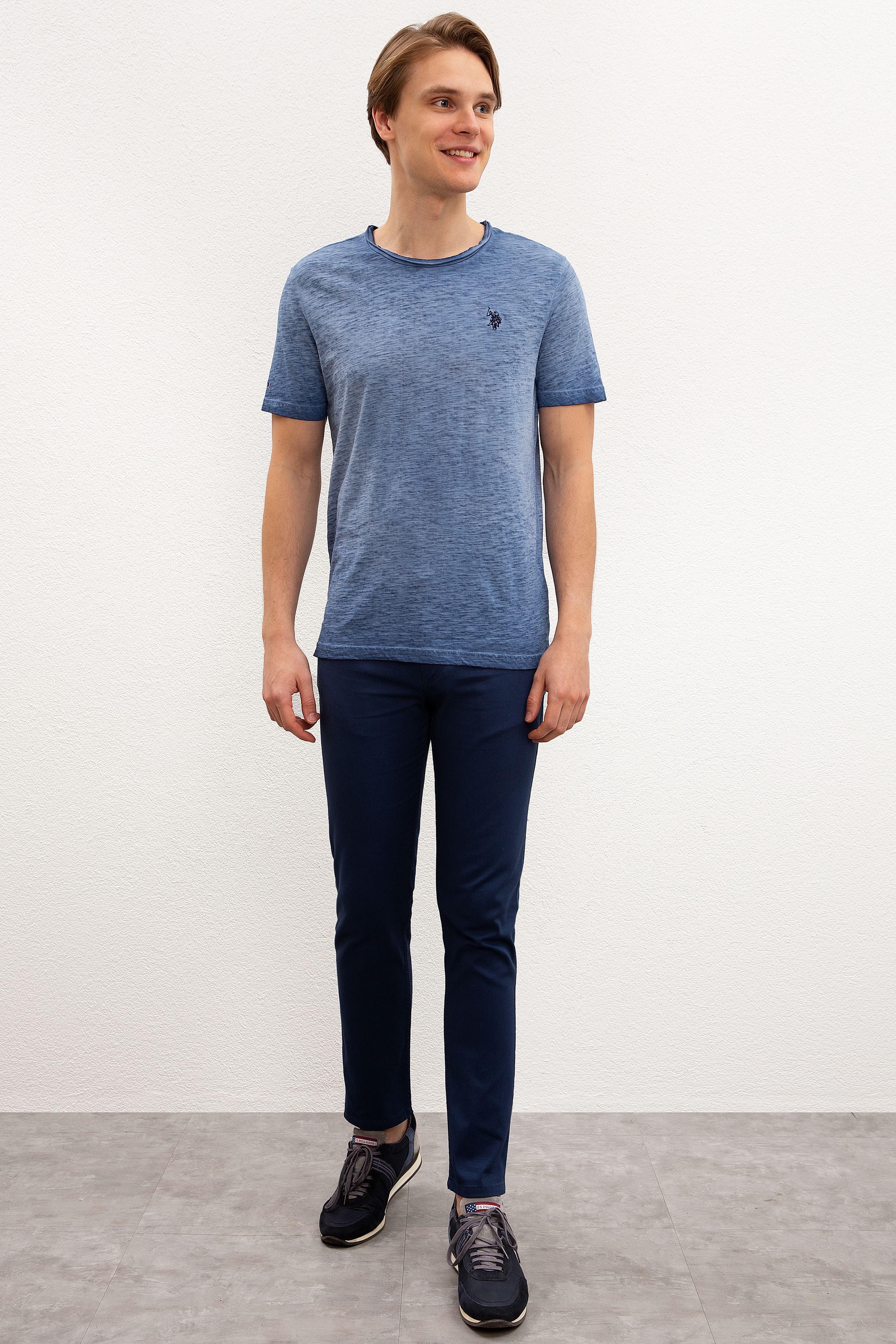 Erkek İndigo Bisiklet Yaka T-Shirt - Image 5