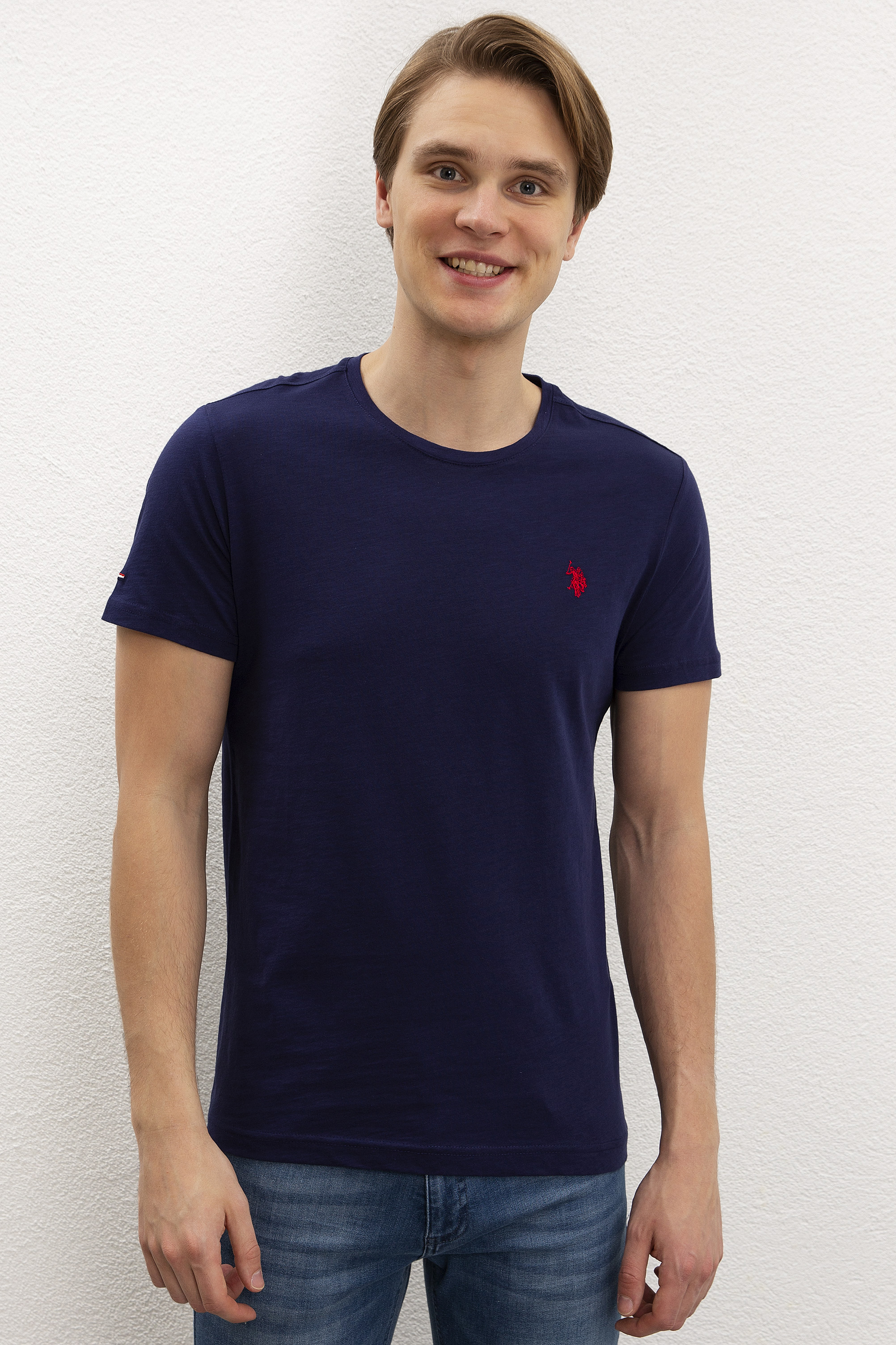 Erkek Lacivert Bisiklet Yaka T-Shirt Basic - Image 1