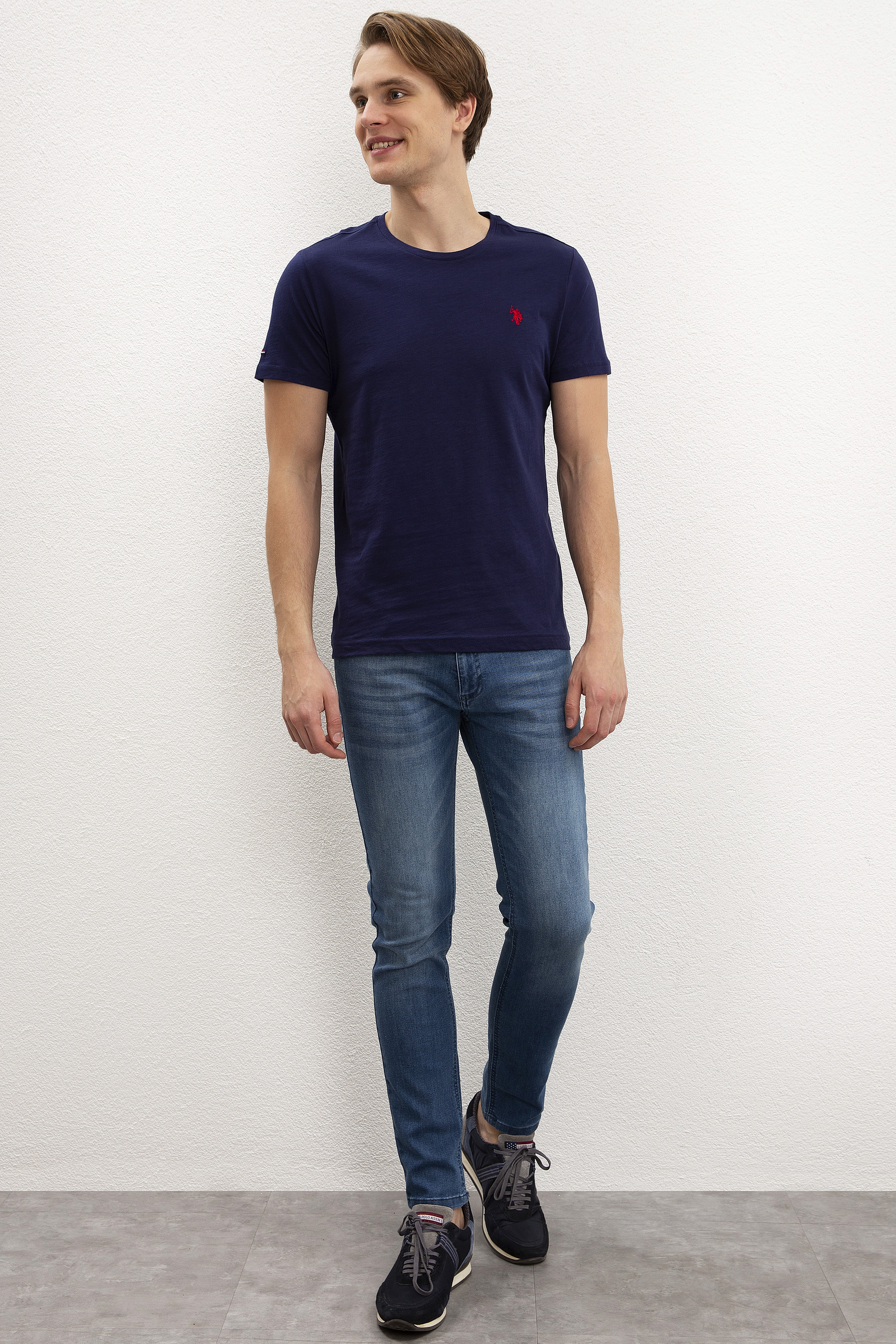 Erkek Lacivert Bisiklet Yaka T-Shirt Basic - Image 3
