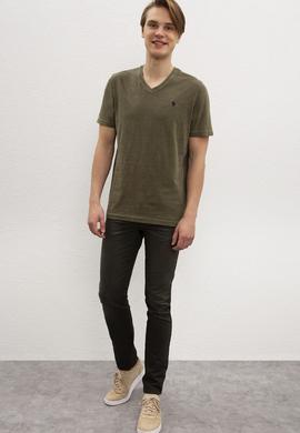 Erkek Koyu Haki V-Yaka T-Shirt Basic - 50199790054