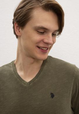 Erkek Koyu Haki V-Yaka T-Shirt Basic - 50199790054