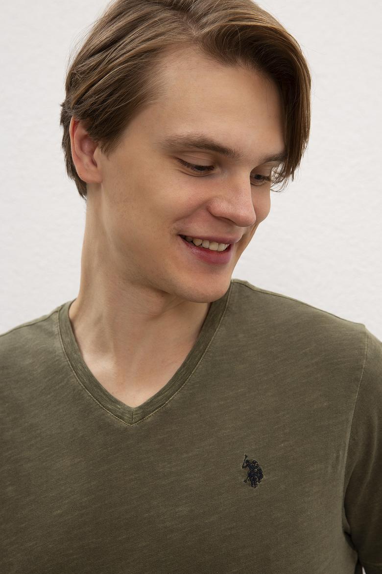 Erkek Koyu Haki V-Yaka T-Shirt Basic - 50199790054