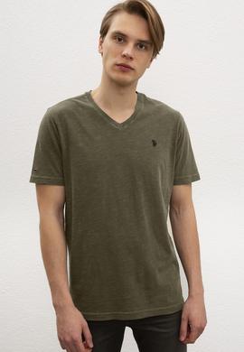 Erkek Koyu Haki V-Yaka T-Shirt Basic - 50199790054