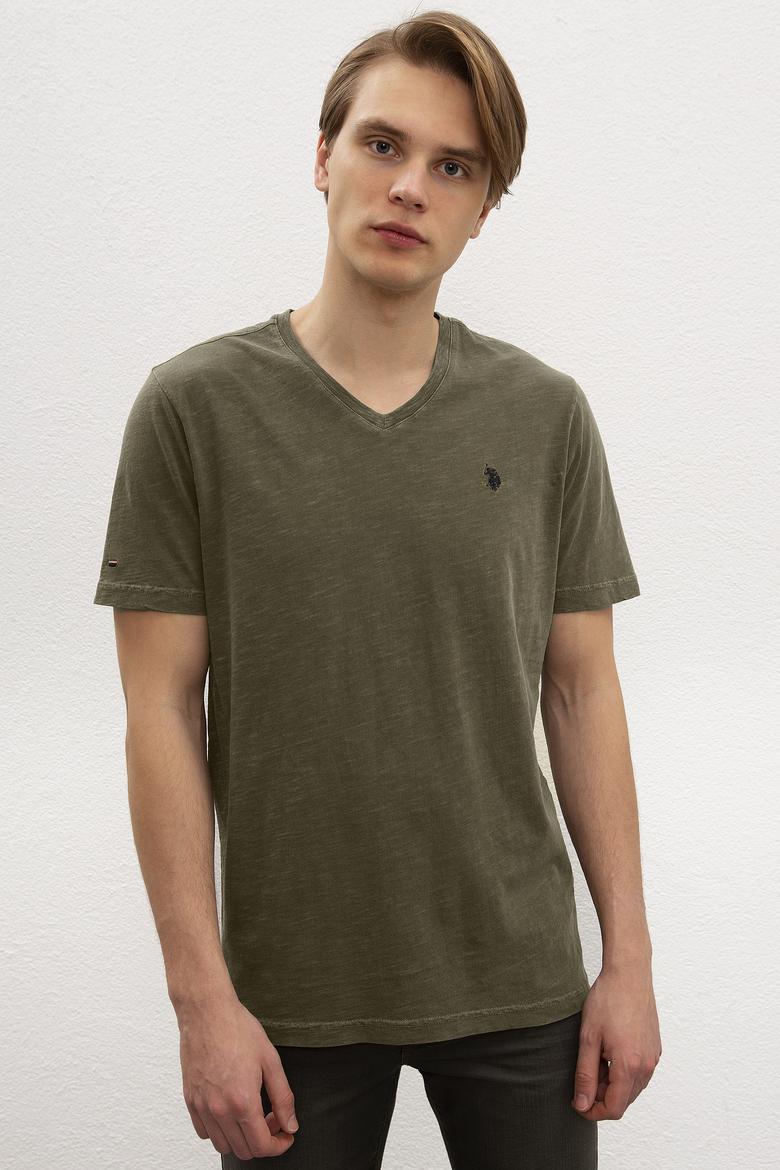 Erkek Koyu Haki V-Yaka T-Shirt Basic