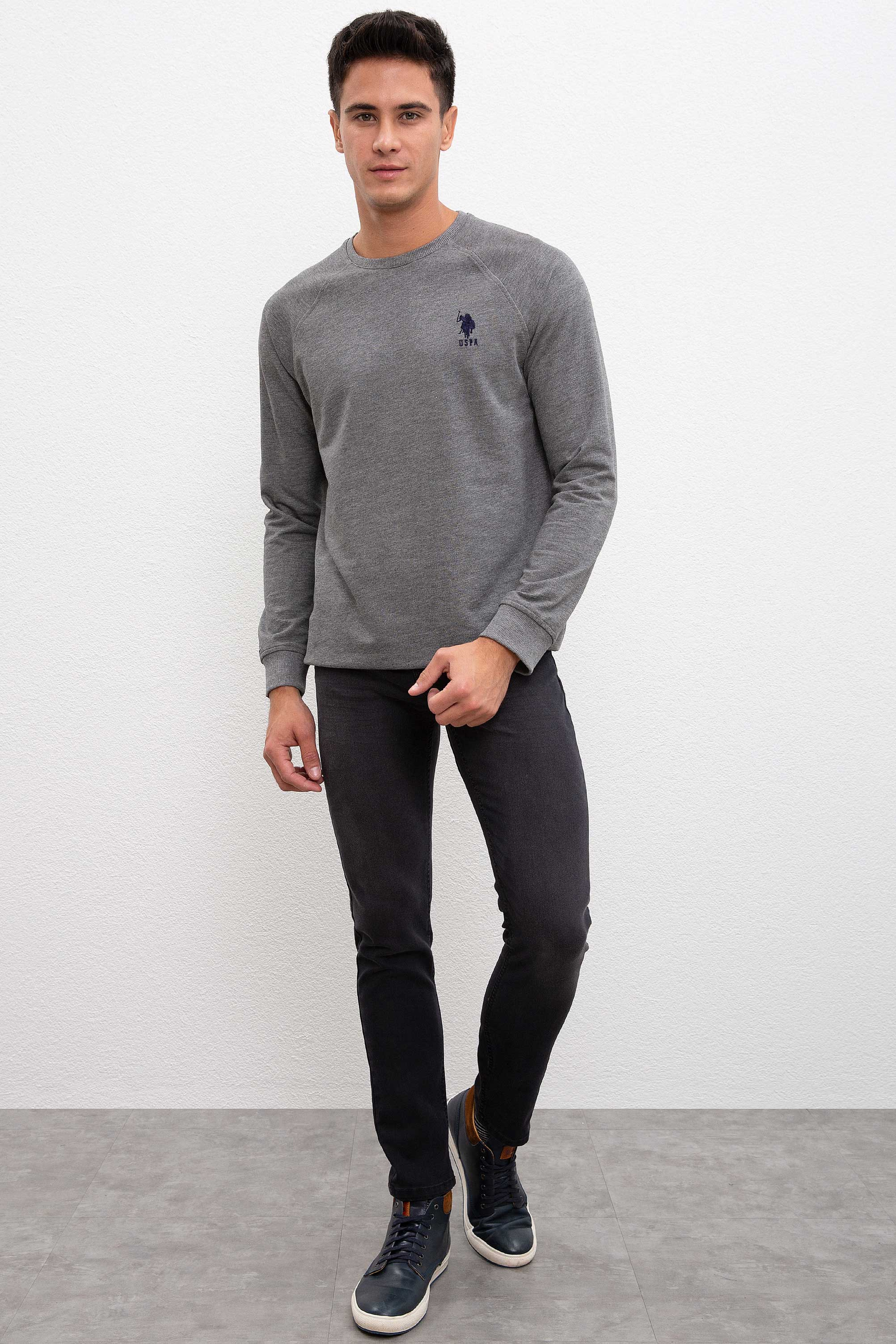 Erkek Antrasit Melanj Bisiklet Yaka Sweatshirt Basic - Image 5