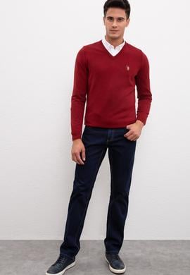 Erkek Bordo V Yaka Basic Triko Kazak - 50207651035