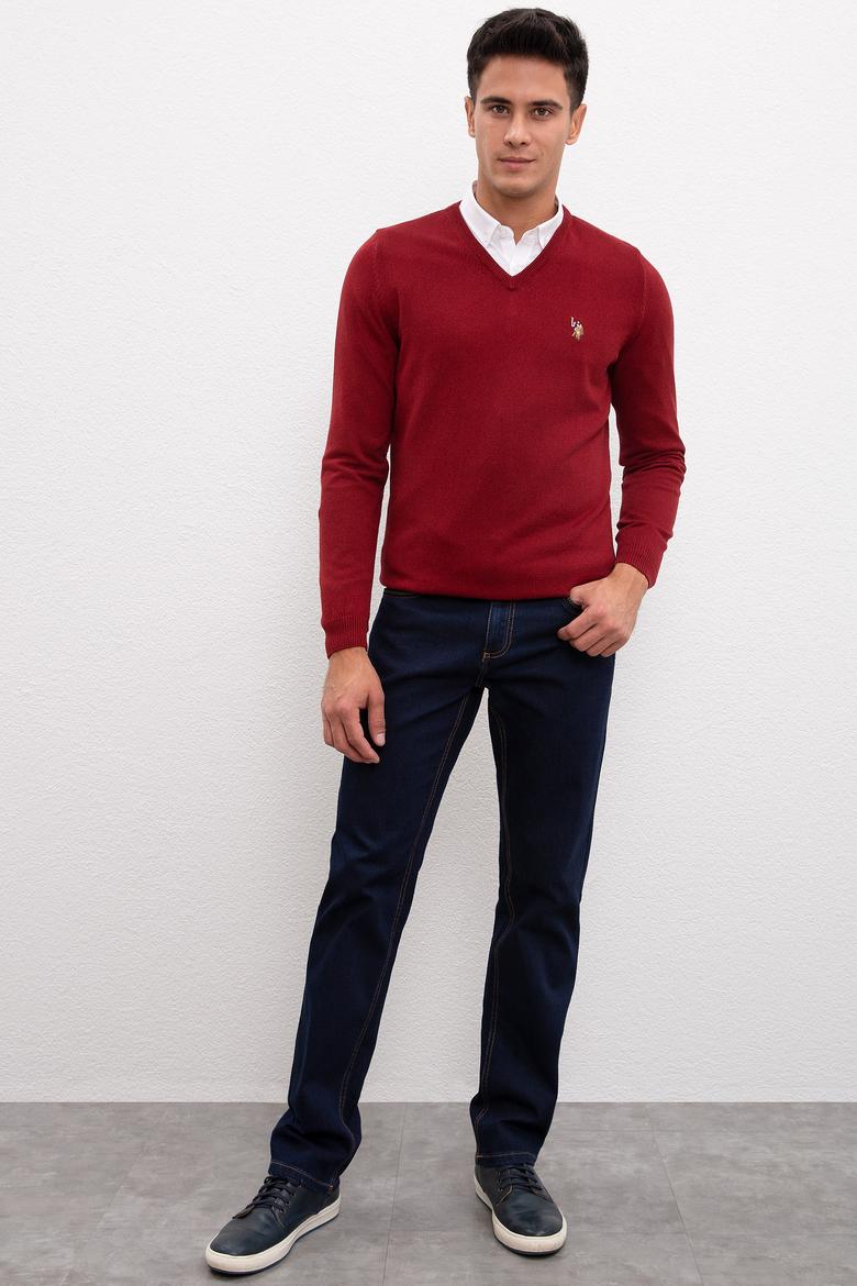 Erkek Bordo V Yaka Basic Triko Kazak - 50207651035