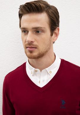 Erkek Bordo V-Yaka Triko Kazak Basic - 50206747096