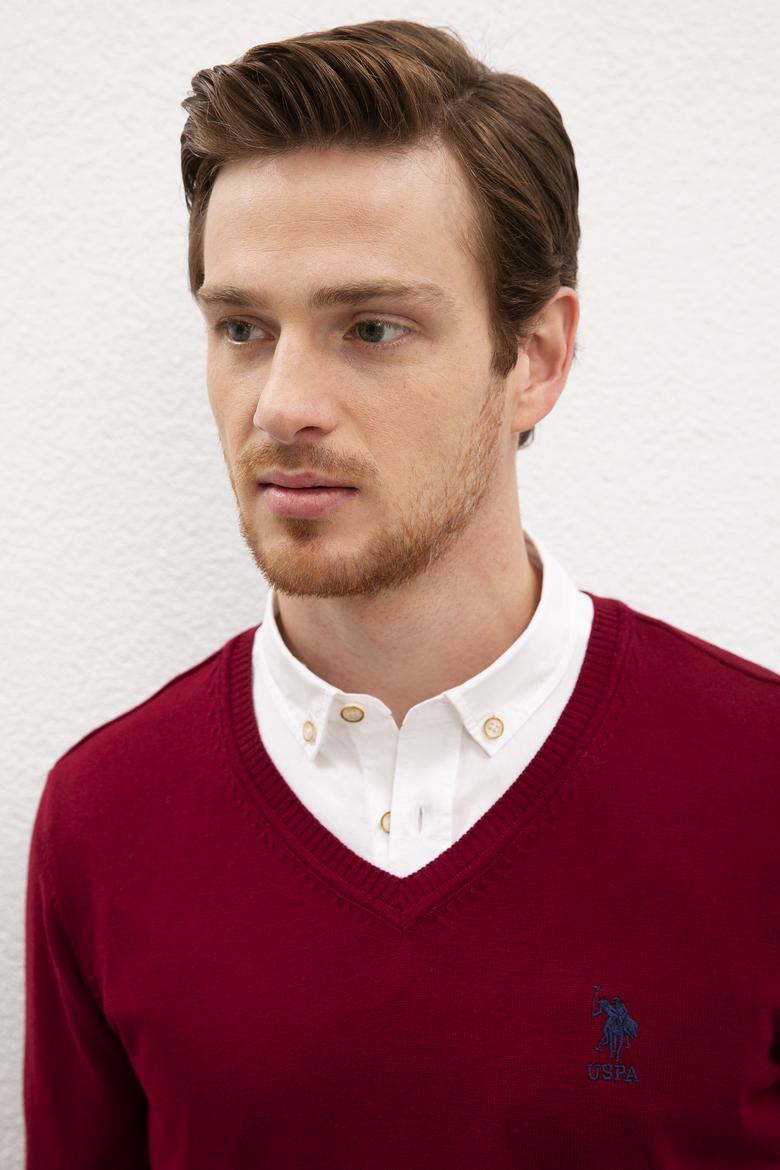 Erkek Bordo V-Yaka Triko Kazak Basic - 50206747096