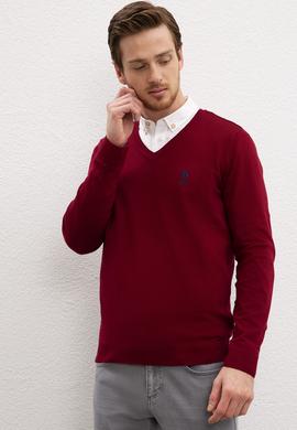 Erkek Bordo V-Yaka Triko Kazak Basic - 50206747096