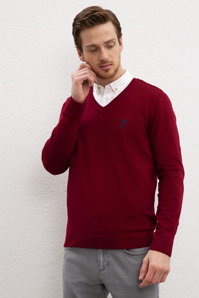 Erkek Bordo V-Yaka Triko Kazak Basic