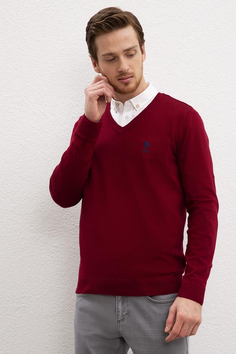 Erkek Bordo V-Yaka Triko Kazak Basic