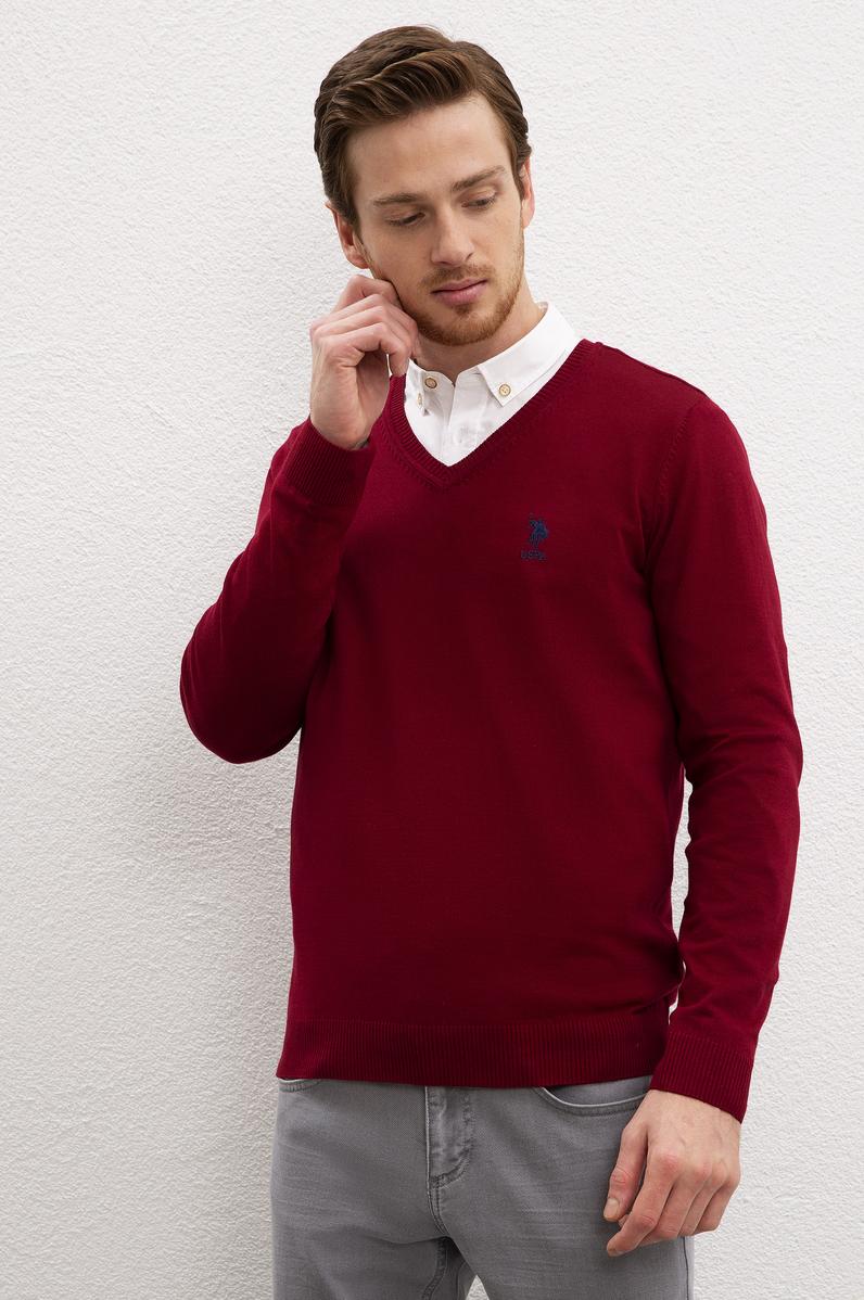 Erkek Bordo V-Yaka Triko Kazak Basic