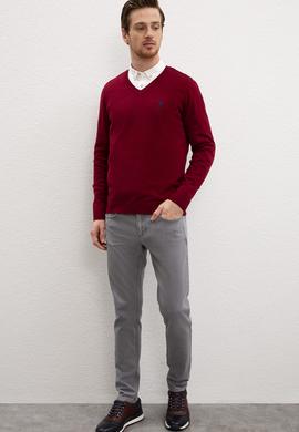 Erkek Bordo V-Yaka Triko Kazak Basic - 50206747096