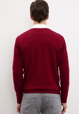 Erkek Bordo V-Yaka Triko Kazak Basic - 50206747096